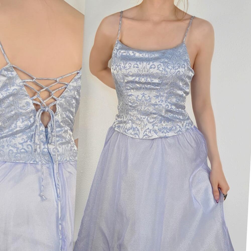 Vintage Y2K Blue Brocade Prom Dress Corset Back Fairy Princess Size 7/8